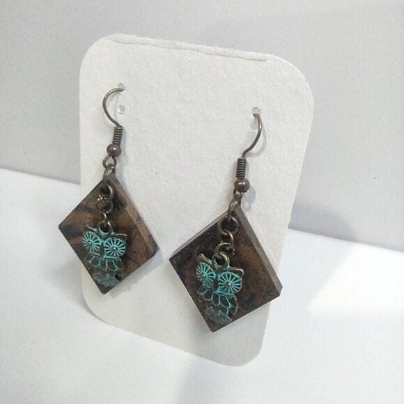 Diamond Earrings with Owl Charms - Picture 2 of 2